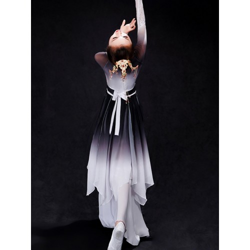 Women chinese traditional black with white gradient Classical dance costumes hanfu Female Chinese style chiffon ethnic fan dance umbrella dance performance costume